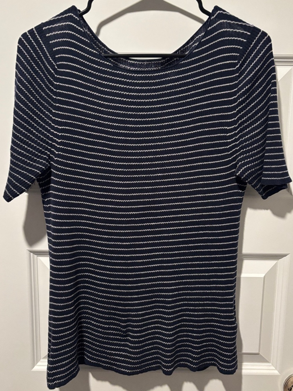 Vince Navy and White Striped Short Sleeve Boat Neck Top